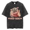 Cute Hippo Moo Deng Rap Vintage Washed T Shirt Funny Meme T Shirts Men Women Fashion Oversized Cotton T-shirt Streetwear