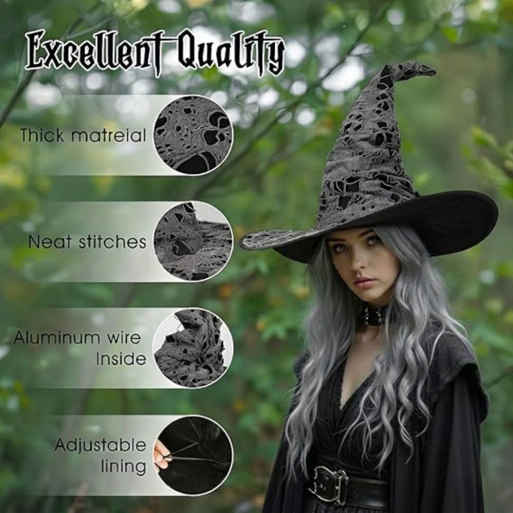 Large Wide Brim Ripped Tattered Witch Hat Tall Pointed Cone Top Pointed Mage Hat  Halloween Party