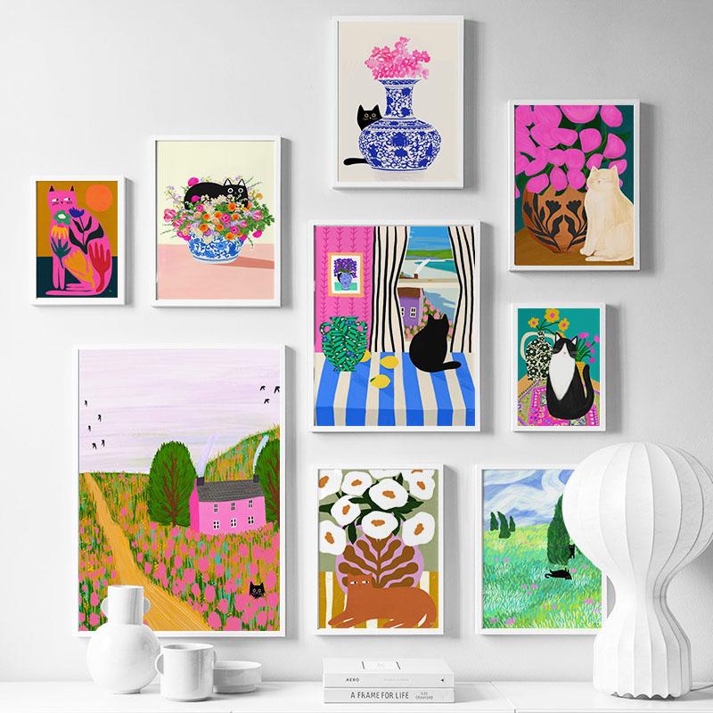 Fashion Colorful Cat Vase Leaf Flower Illustration Wall Art Canvas Painting Abstract Plant Posters Prints Pictures for Kids Room