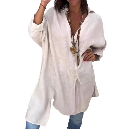 Женская рубашка с V-образным вырезом, длинным рукавом, боковыми разрезами, пуловер, топы, однотонная свободная летняя рубашка, повседневная одежда