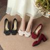 Original Design Silk Diamond Bow Square Head High Heels Women's Thick Heel Single Shoes Burgundy Spring and Autumn
