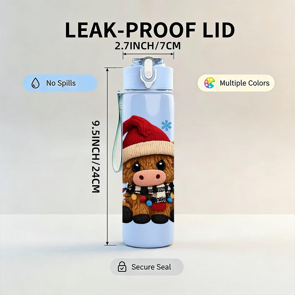 1PC Santa Hat Cute Cow 750ml Color Plastic Sports Water Bottle Leakproof Flip Straw Lid Suitable for Sports Office Home Use