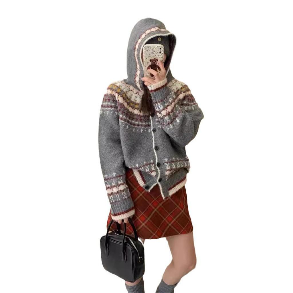 Женский ретро японский жаккардовый свитер с капюшоном - однобортный, свободный, ленивый стиль, вязаный кардиган на осень/зиму