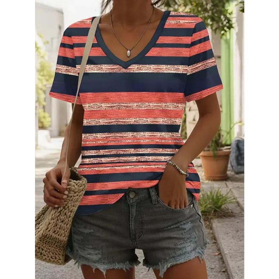 Vintage Women Striped Print T Shirt Short Sleeve V Neck Tops Comfortable T-shirts