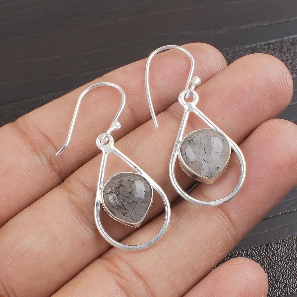 Черные рутиловые серебряные серьги ручной работы, серьги-бохо из стерлингового серебра 925 пробы, красивые серьги с рутиловым драгоценным камнем, подарок для любви