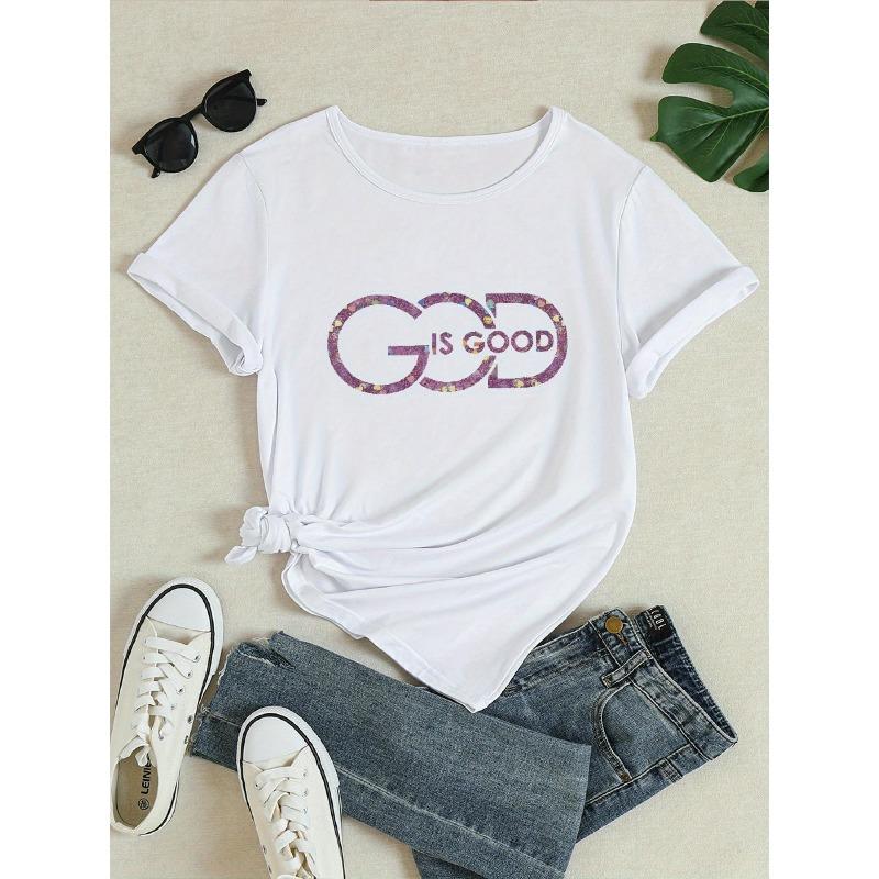 Женская элегантная христианская футболка - БОГ ДОБР, блестящие буквы и сверкающий дизайн, с круглым вырезом, повседневная одежда для церкви