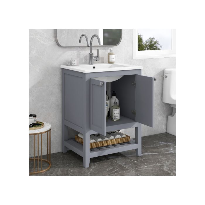 Meuble de salle de bain - MUVOE - 60cm - Lavabo en céramique - Gris clair - Design contemporain