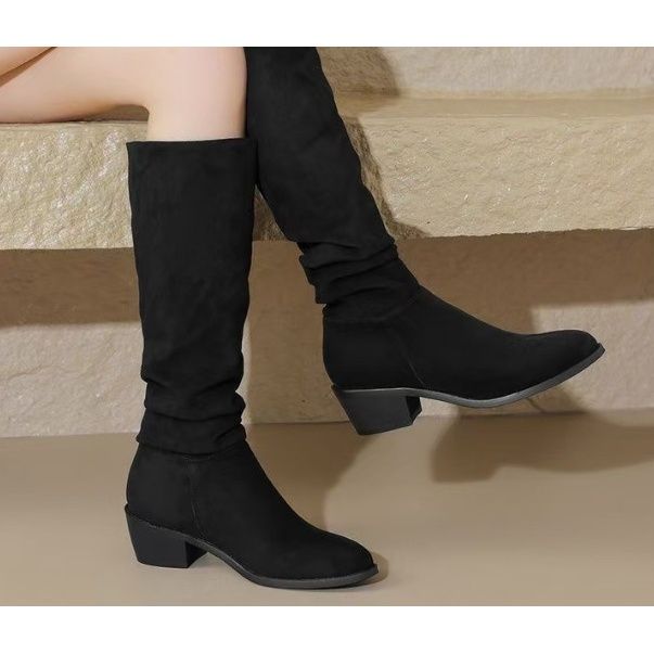 Ретро Плиссированные Замшевые Длинные Сапоги для Женщин Зимняя Мода Массивный Каблук Шпилька Сексуальные Сапоги. Универсальные женские ботинки большого размера