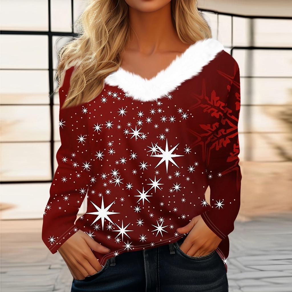 Рубашки с длинным рукавом для женщин Милые топы Рождественские принты Футболки Блузки Повседневные топы больших размеров Базовые топы Пуловеры