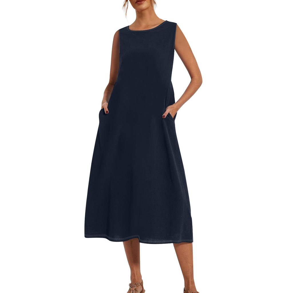 Женское модное летнее однотонное свободное платье без рукавов свободного кроя средней длины