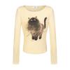 [Designer Style] American-Style Round-Neck Cartoon Cat Print Long-Sleeve T-Shirt for Women, Autumn Sweet and Cool Slim-Fit Top