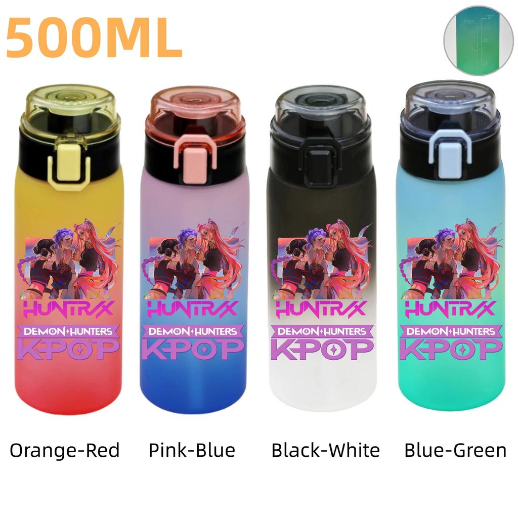 500ML KPop Demon Hunters Plastic Anime Water Cup Has Scale Travel Office Gym Hiking Portable Drink Bottles Outdoor Sport Gifts