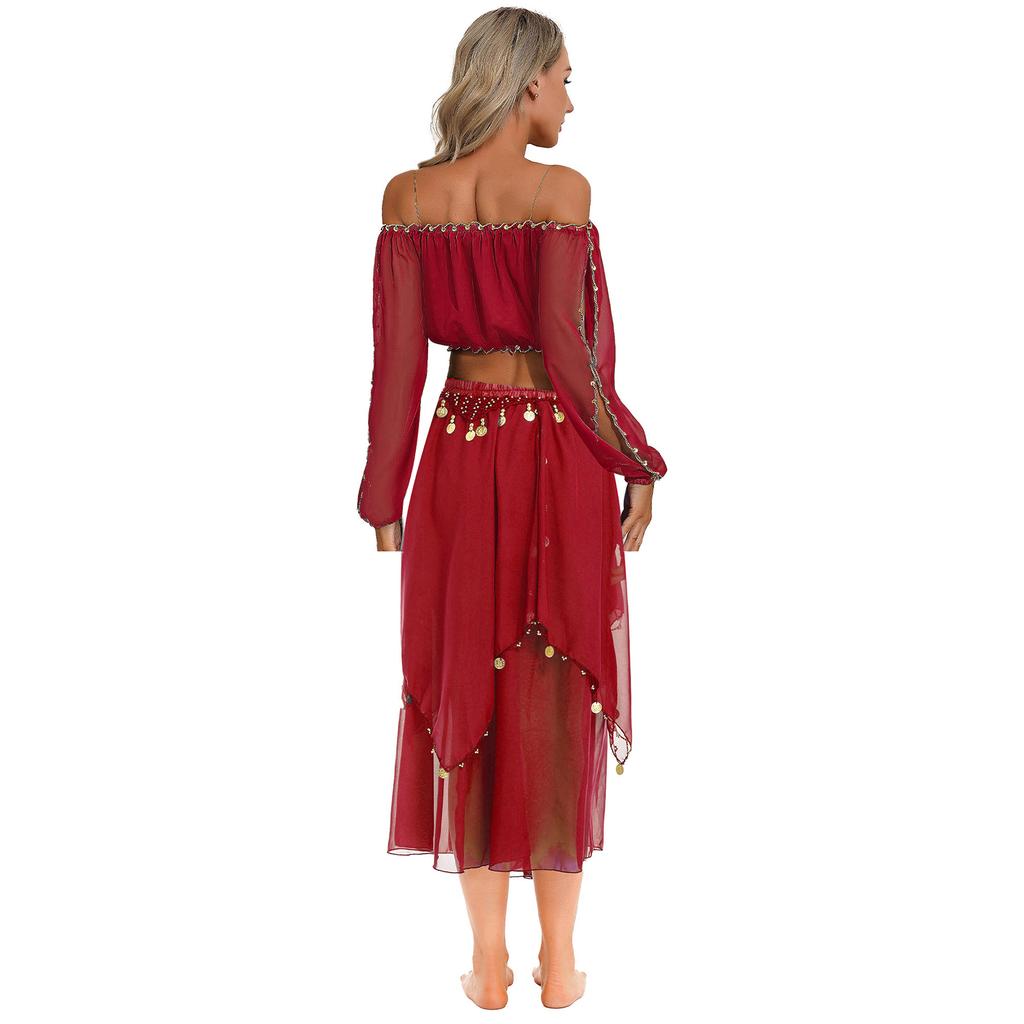 Женский костюм для танца живота с открытыми плечами и пайетками, укороченный топ с длинными рукавами, струящаяся шифоновая юбка, сценический костюм