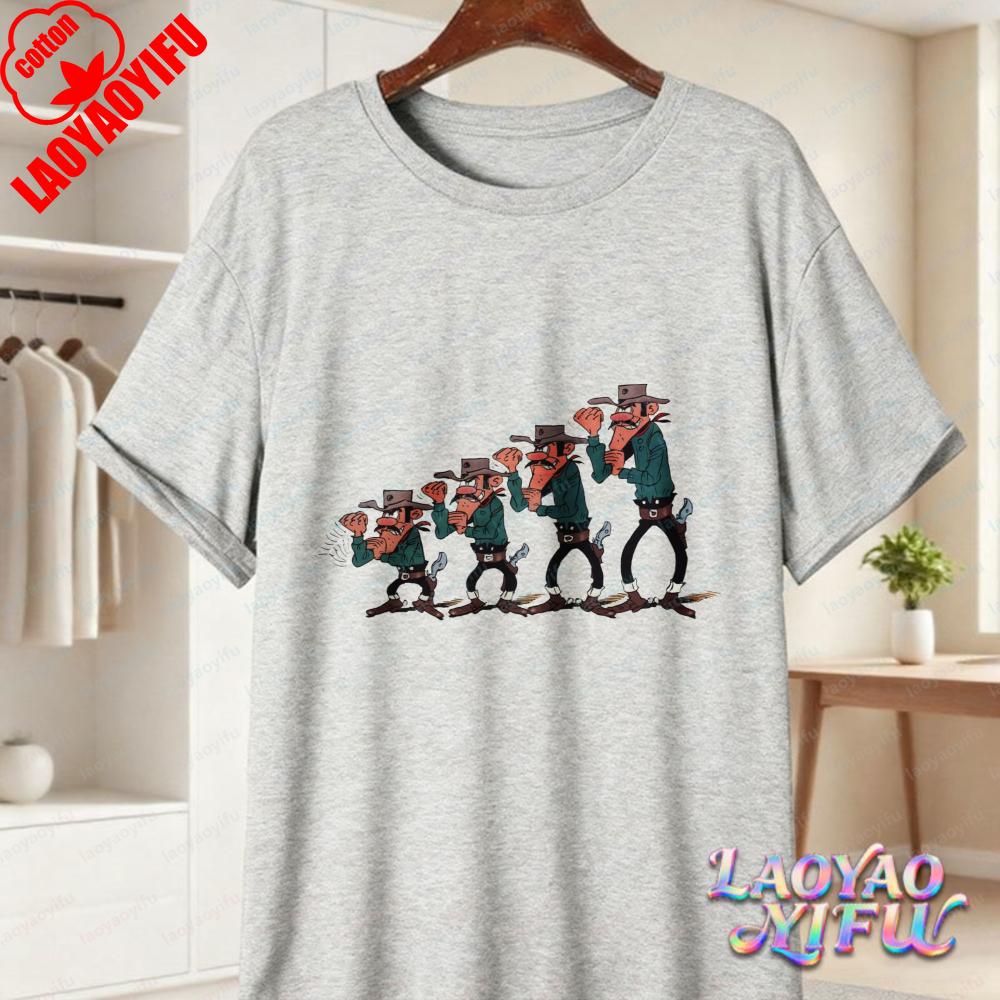 Classic Lucky Luke Cast Print Casual Tops Retro Western Animation Cotton TShirt Summer Casual Wear for Unisex Women Trendy Tee