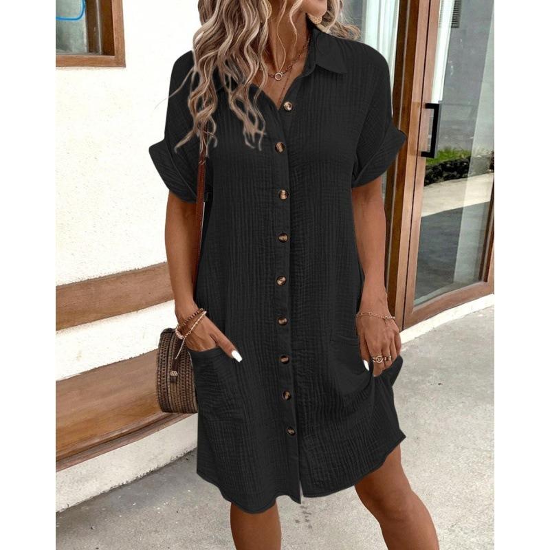 Fashion Short Sleeve Women Summer Shirt Dress New Elegant Lapel Loose Plus Size Simple Button Casual Party Dresses Single Breasted Women's Clothing