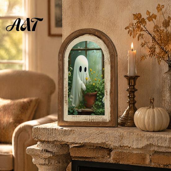Retro Halloween Room Decor Ghost/Witch Arched Wall Decor, Cute Ghost Table Sign, Rustic Farmhouse Shelf Wooden Sign Decorative Hanging Art for Mantel