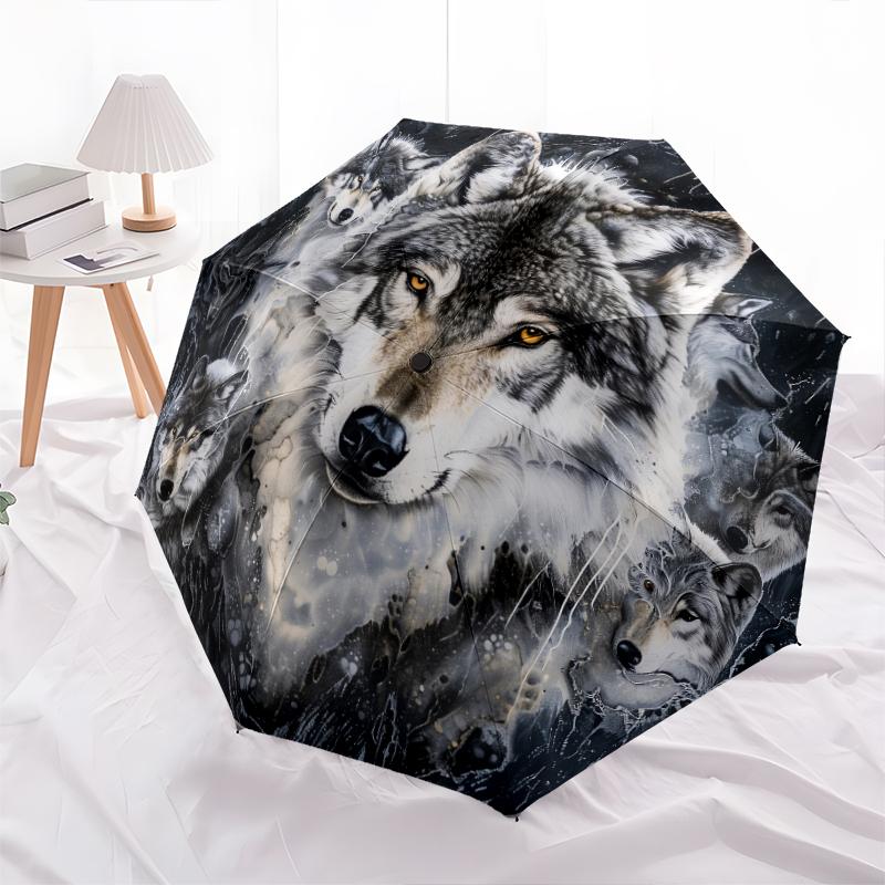 1 шт. Автоматический складной зонт - Красивый узор с волком, Портативный и складной дизайн с 8 спицами, Рождественские и новогодние подарки