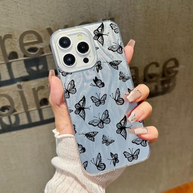 Прозрачный мягкий противоударный чехол с принтом бабочек для iPhone 16 Pro Max 15 14 Pro 13 12 11, блестящая жесткая задняя крышка из поликарбоната с перьями
