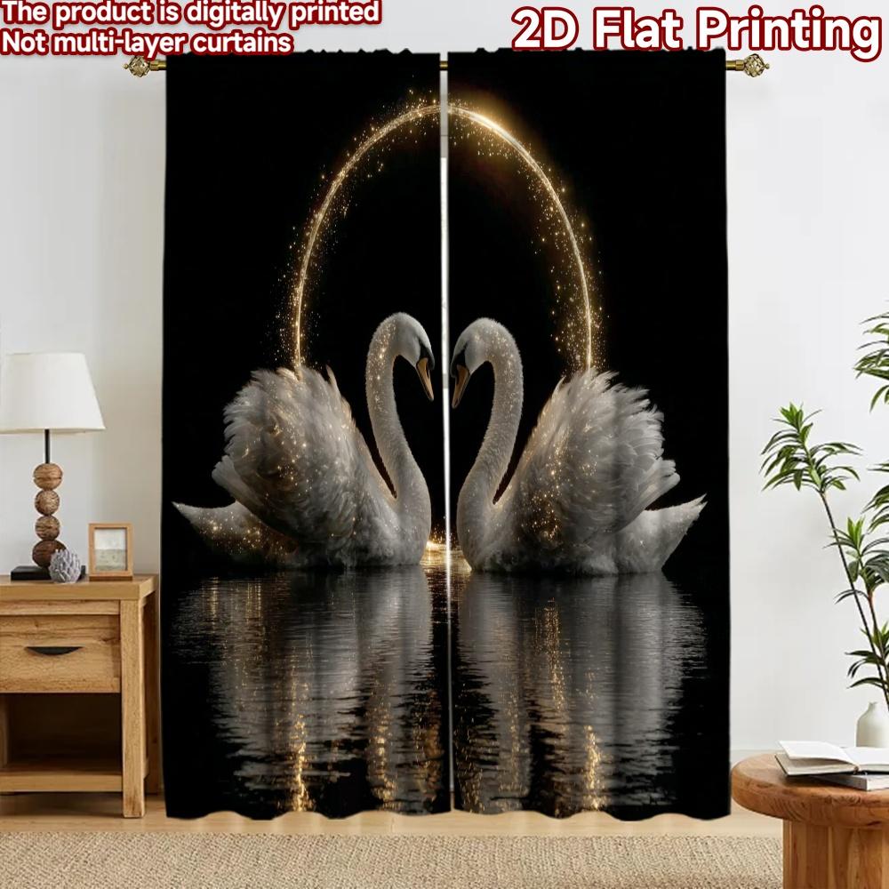 2D flat printing 2pcs Curtain Drapes Wedding Swan Romance Digital Printed Polyester Drapes Family Party Decoration Perfect for