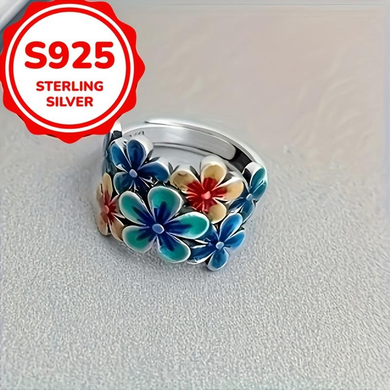 Bohemian style 925 sterling silver flower ring for women, vintage ethnic handmade fashion jewelry