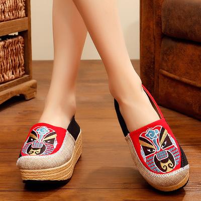 Модные туфли с вышитым лицом, женские, холст, 5 см, плоская платформа, винтажные, ручной работы, льняные, хлопковые, слипоны, женские, толстая подошва
