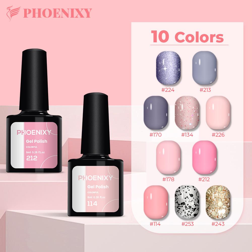 PHOENIXY 10 шт. чистый цвет гель-лак для ногтей яркий для нейл-арта лак база верхнее покрытие светодиодная/УФ-лампа 8 мл набор гелей для лака