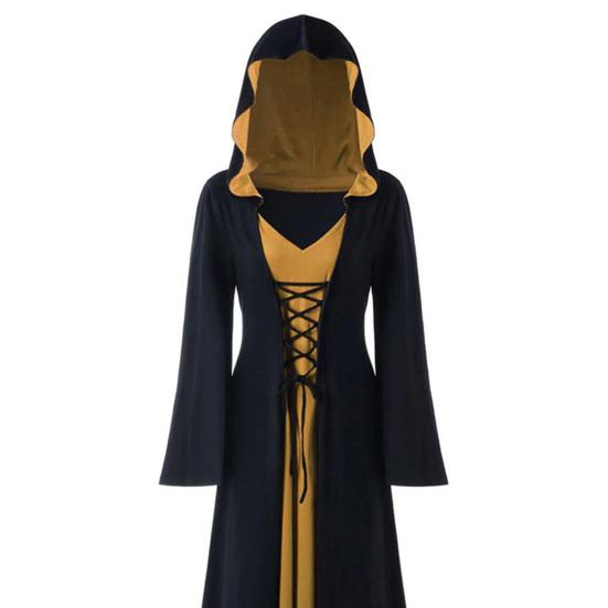 Женское платье для косплея в темном стиле, костюм ведьмы на Хэллоуин, на шнуровке, с капюшоном, в тон, с длинными рукавами и рогами, платье трапециевидной формы для выступлений