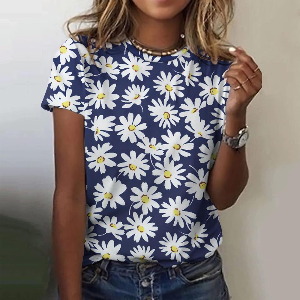 Футболка с 3D-цветочным принтом для женщин, новые футболки с круглым вырезом и коротким рукавом, женский повседневный пуловер для женщин, модные уличные топы