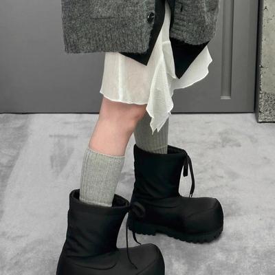 2025 зима новые ботинки из кожи с кулиской и большой головой женские уличные ботинки на платформе для катания на лыжах уродливые милые теплые и высокие луноходы удобные