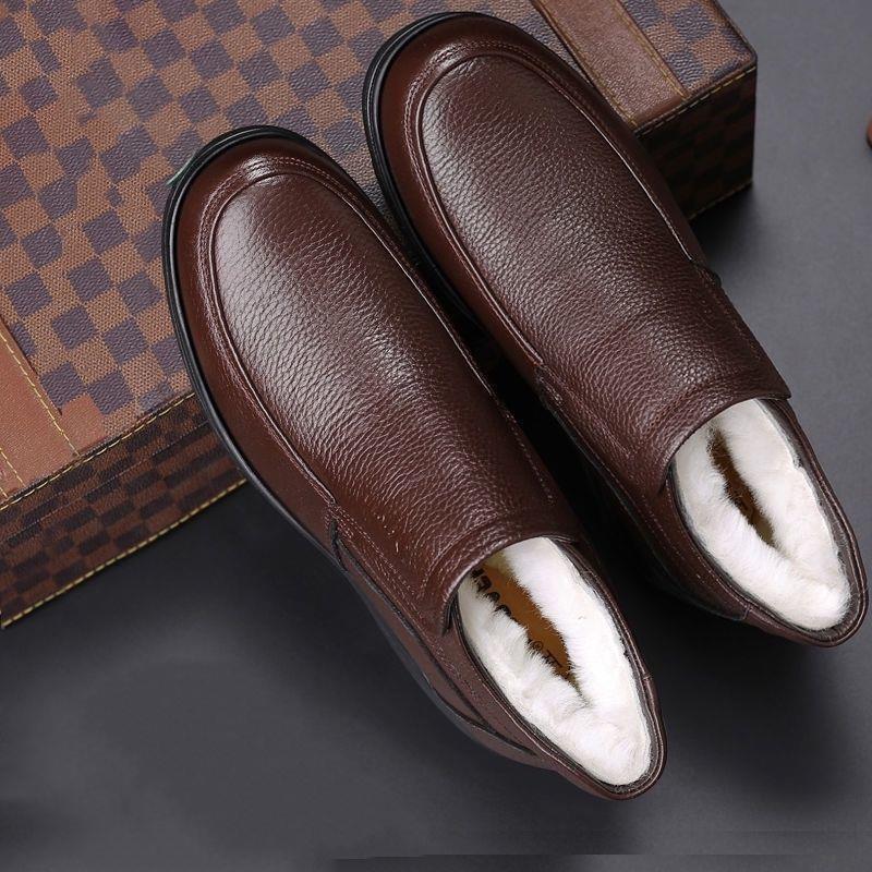[Genuine Leather Wool] Men's Cotton Shoes with Velvet To Keep Warm, Real Cow Leather Shoes, High-top Thick-soled Non-slip Snow Boots