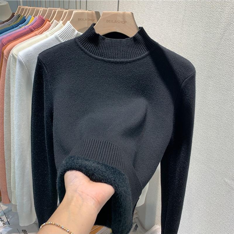 Свитер-пуловер из бархата с полувысоким воротом для женщин, осенне-зимний, толстый, плюшевый, теплый, вязаный, женский, винтажный, облегающий, повседневный, вязаный джемпер 25271