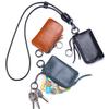 Vintage Leather Coin Purse with Neck Lanyard Travel Mini Dual Keyrings Change Pouch Card Holder for Men Women