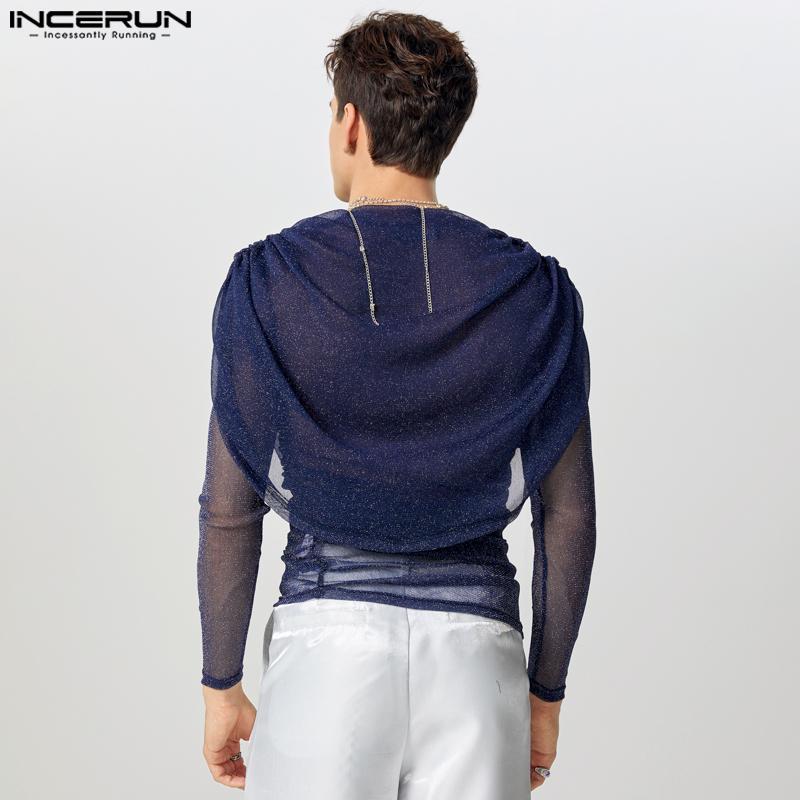 INCERUN Мужские топы с длинным рукавом и оборками из блестящей сетки для вечеринок и клубов, футболки