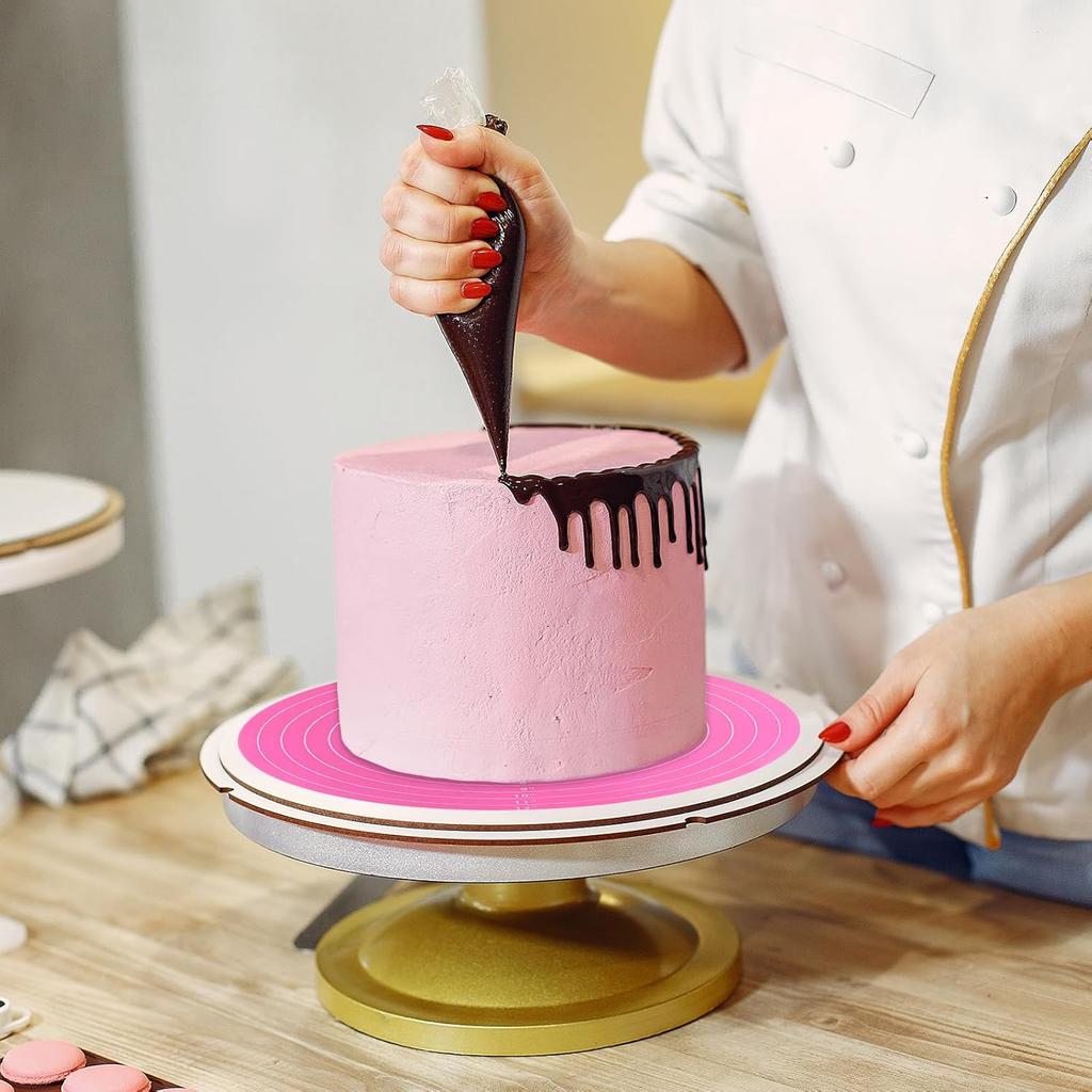 2 PCS 12 Inch Silicone Cake Mat, Pink Round Baking Mat with Measurements Reble Cake Turntable Mat Non-Stick Heat Resistant Pastry Mats for Rolling