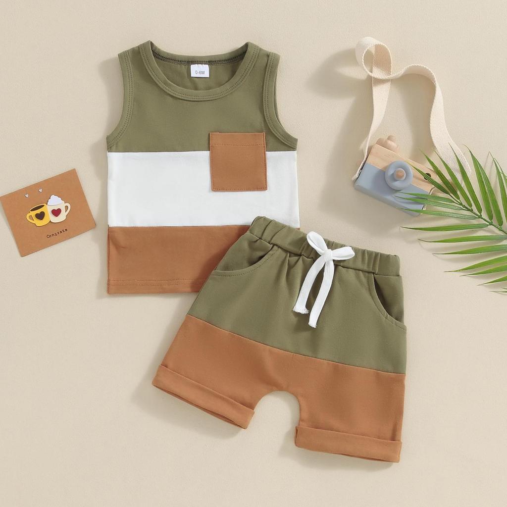 2Pcs Baby Boy Summer Outfits 6M 12M 18M 24M Sleeveless Contrast Color Pocket Tank Tops + Shorts Set Toddler Clothes