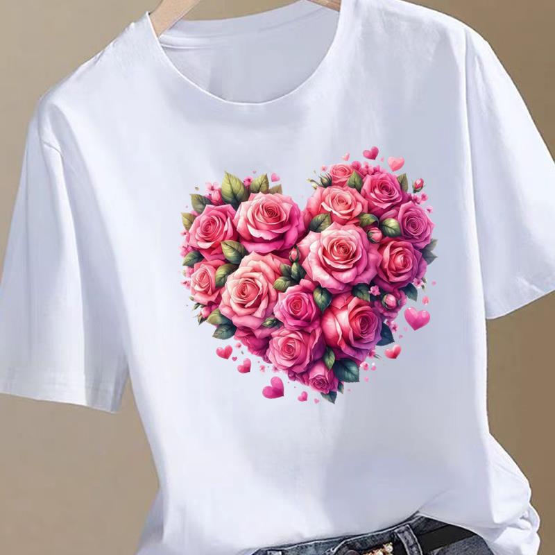 (Asian Size) sweet watercolor trend Women Fashion Print Female Clothing T Shirt Tee Top Woman Short Sleeve Graphic T-shirts
