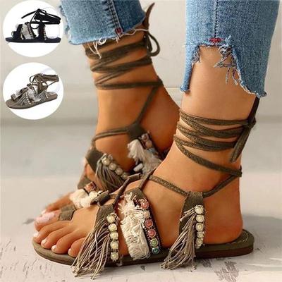 Женские модные сандалии с кисточками, богемные сандалии на плоской подошве, сандалии-гладиаторы с перекрестной завязкой, большие размеры 35-43