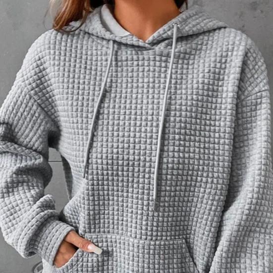 Осень-зима, женская однотонная толстовка с накладным карманом, цветная, свободная, на шнурке, с капюшоном, большая, толстая, теплая, с длинным рукавом, вафельная