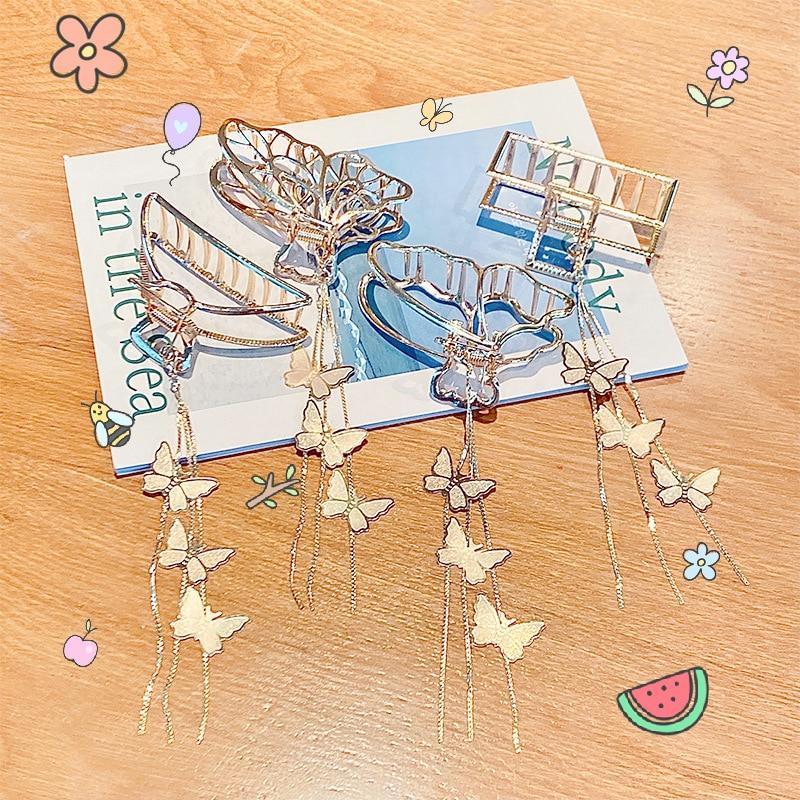 Заколки для волос в форме бабочки, коготь с металлической цепочкой, кисточкой, винтажный длинный кулон, висячие заколки для волос для женщин и девочек, модные аксессуары для волос