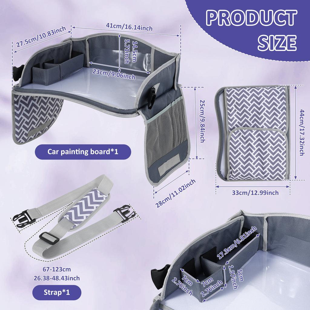 Car Kid Travel Tray Portable Car Seat Lap Tray Automotive Seat Lap Activity Table with Adjustable Strap Road Trip Essentials