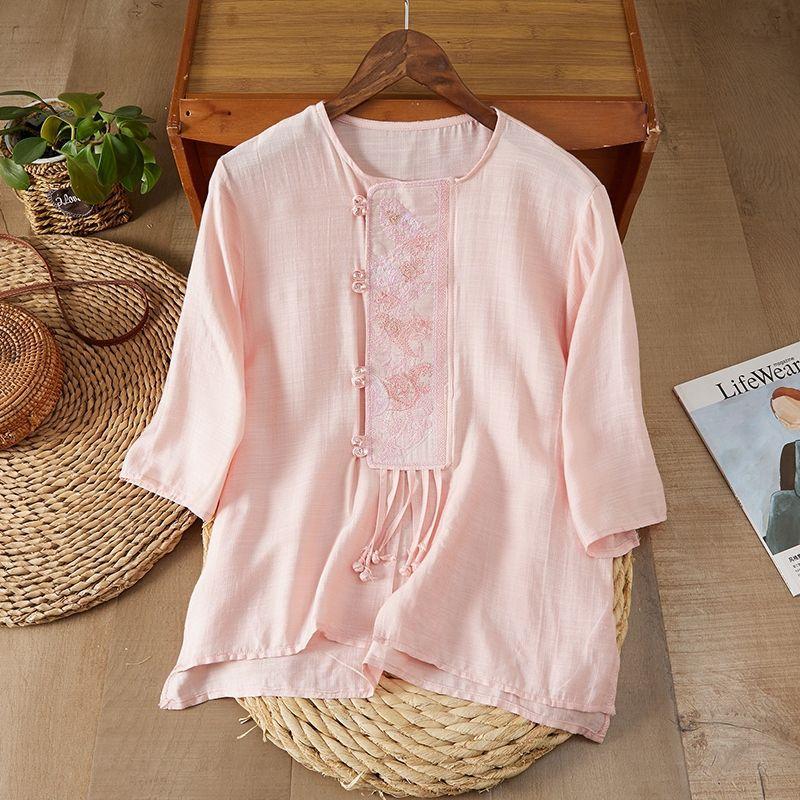 New Ethnic Style Retro Ramie Shirt Women's Summer Round Neck Short-sleeved Top Diagonal Embroidered Tea Clothes