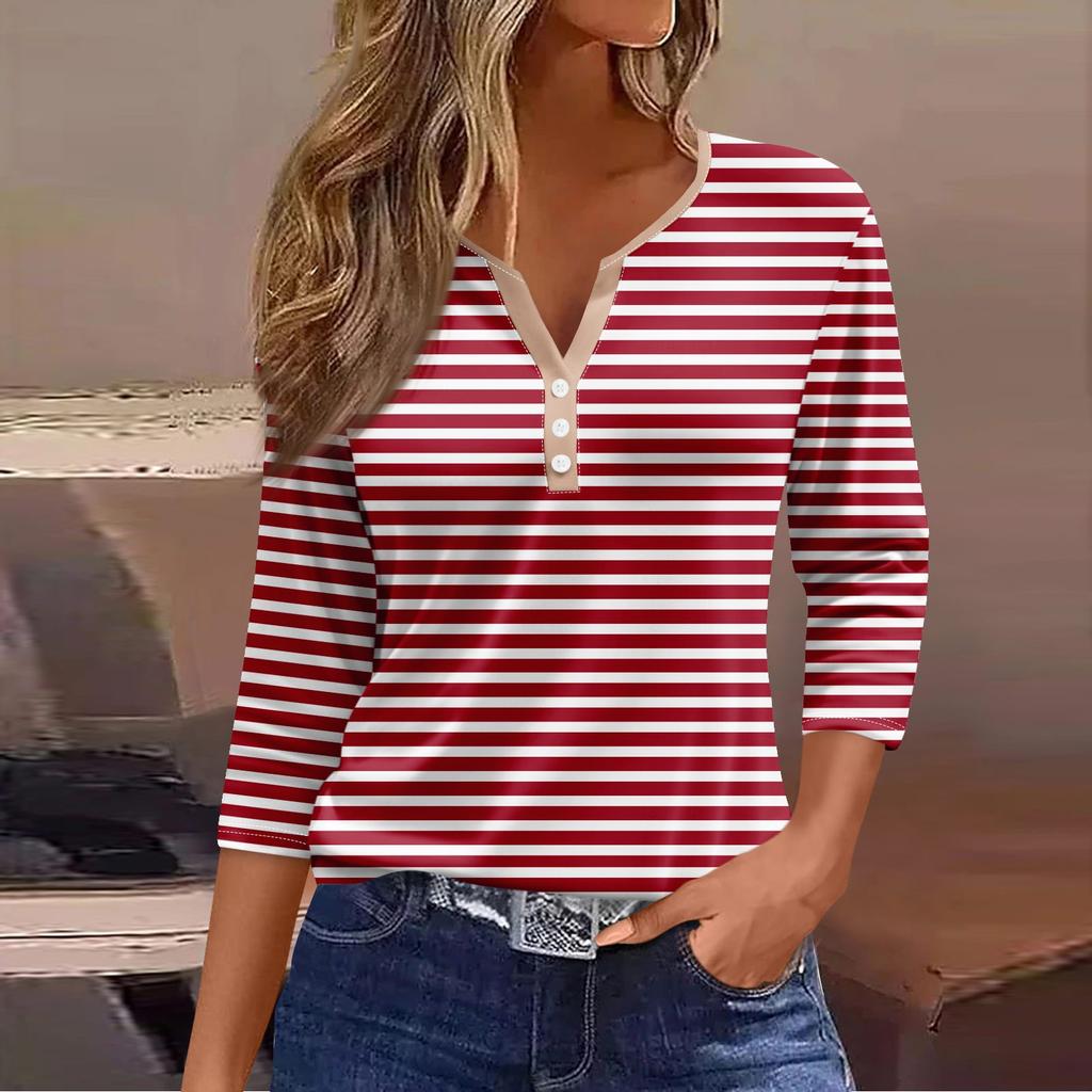 Жен. Футболка Футболка С принтом Пуговицы Рукав 3/4 Повседневные Выходные Мода Классический V-образный вырез Обычный Топ