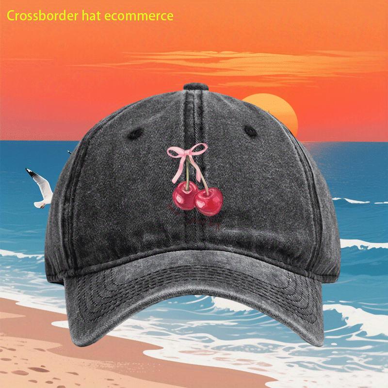 Cherry Bow Print Washed Baseball Cap Casual Polyester Adjustable Curved Brim Couple Hat