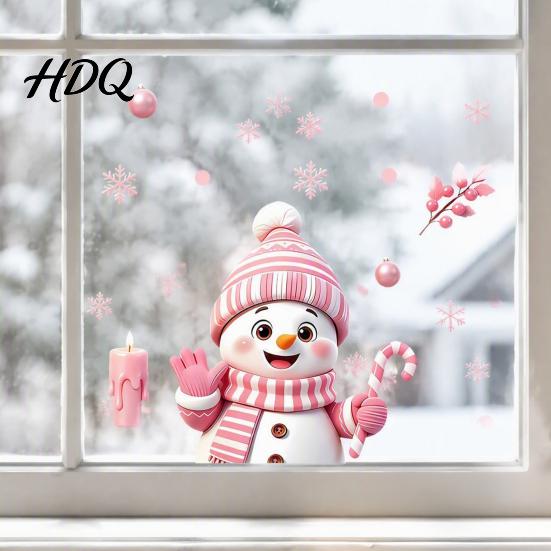 Creative Christmas Gift for Friends Snowman Static Glass Stickers Decorative Pink Decals Waterproof PVC Window Clings Home Holiday Party And