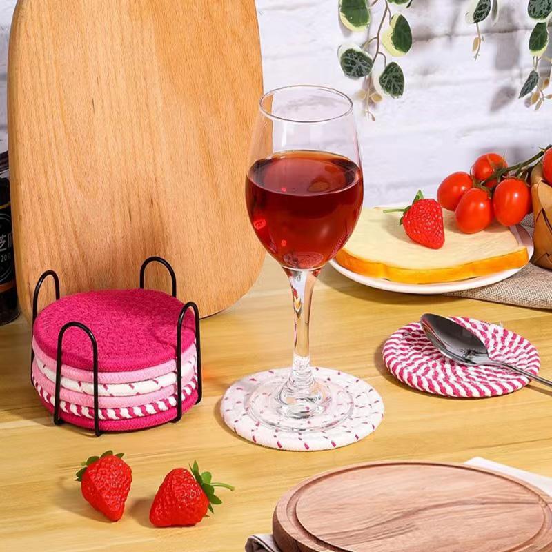 8PCS/Set Cotton Rope Woven Coaster with Holder Table Insulating Mat for Cup Bowl Resistant Coffee Shop Desktop Protection Pad
