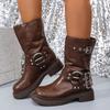 Four Seasons Platform Single Boots Women'S Fashion Round Toe Studded Metal Buckle Block Heel Mid-Leg Boots