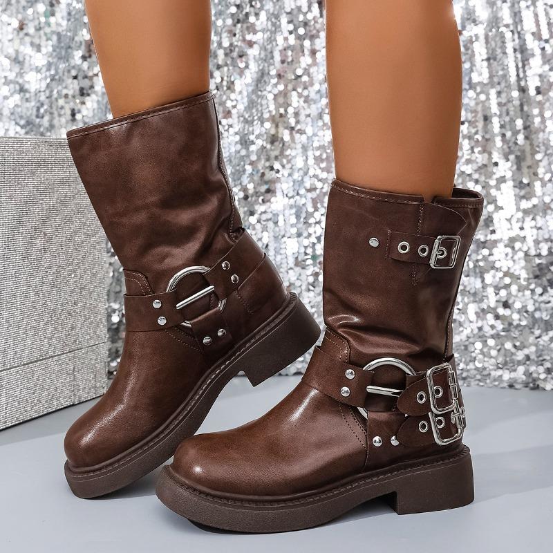 Four Seasons Platform Single Boots Women'S Fashion Round Toe Studded Metal Buckle Block Heel Mid-Leg Boots