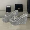 Eilyken Designer Crystal Sequin Cloth Platform Wedge Heels Women's Slippers Street Style PVC Transparent Banquet Shoes