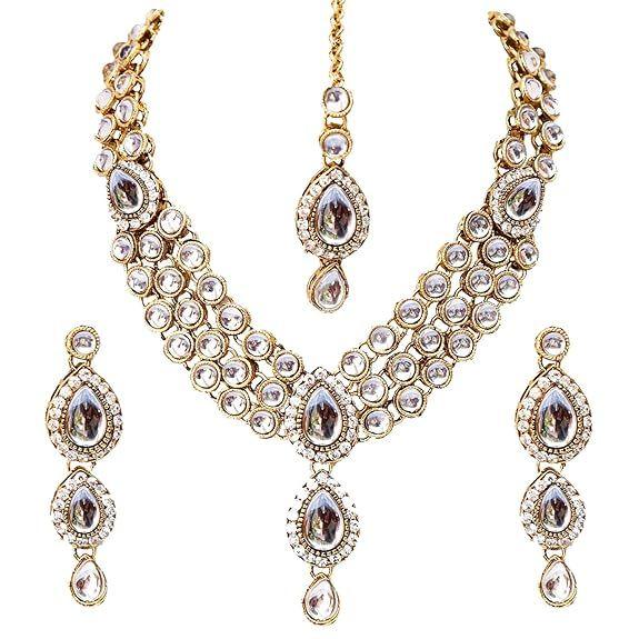 Latest Stylish 18k Gold Plated Traditional Kundan Necklace Jewellery Set for Women