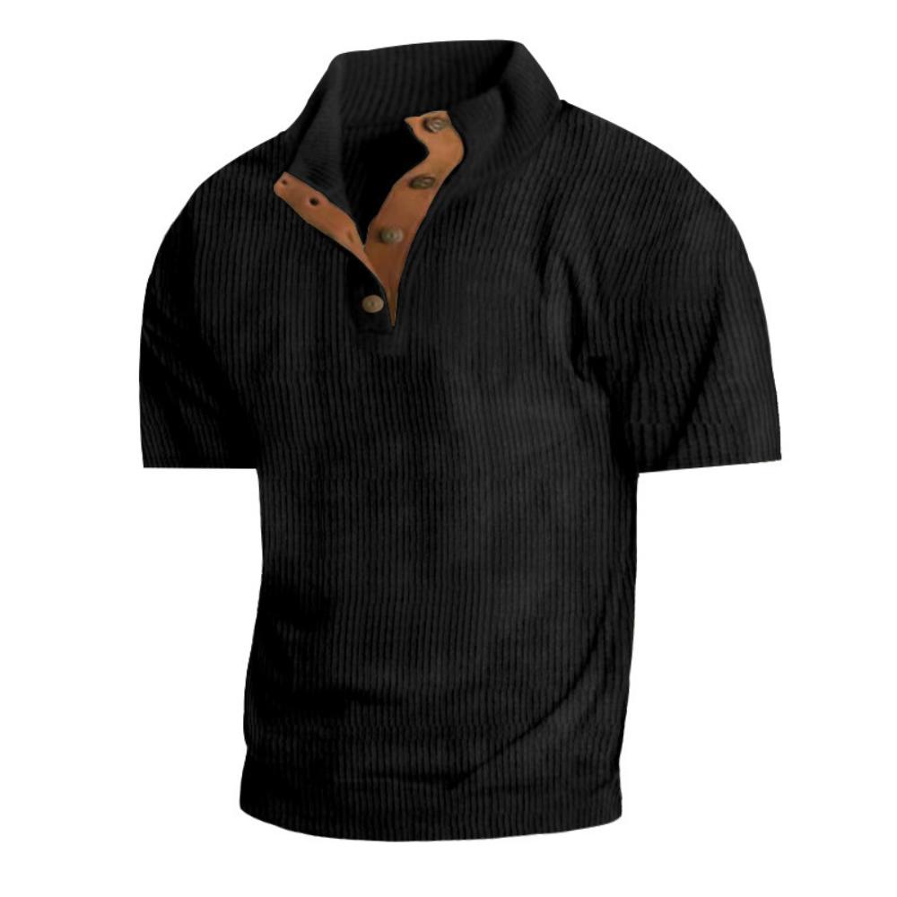 Men's Summer Casual T-shirt Button Stand-up Collar Tees Solid Color Loose Corduroy Short Sleeves Soft Skin-friendly
